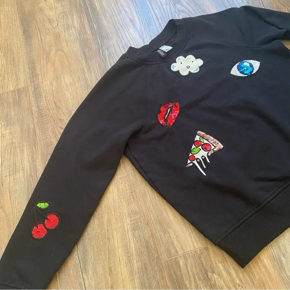 H&M Divided Black Sequin Patch Sweatshirt Size Small - Picture 2 of 12